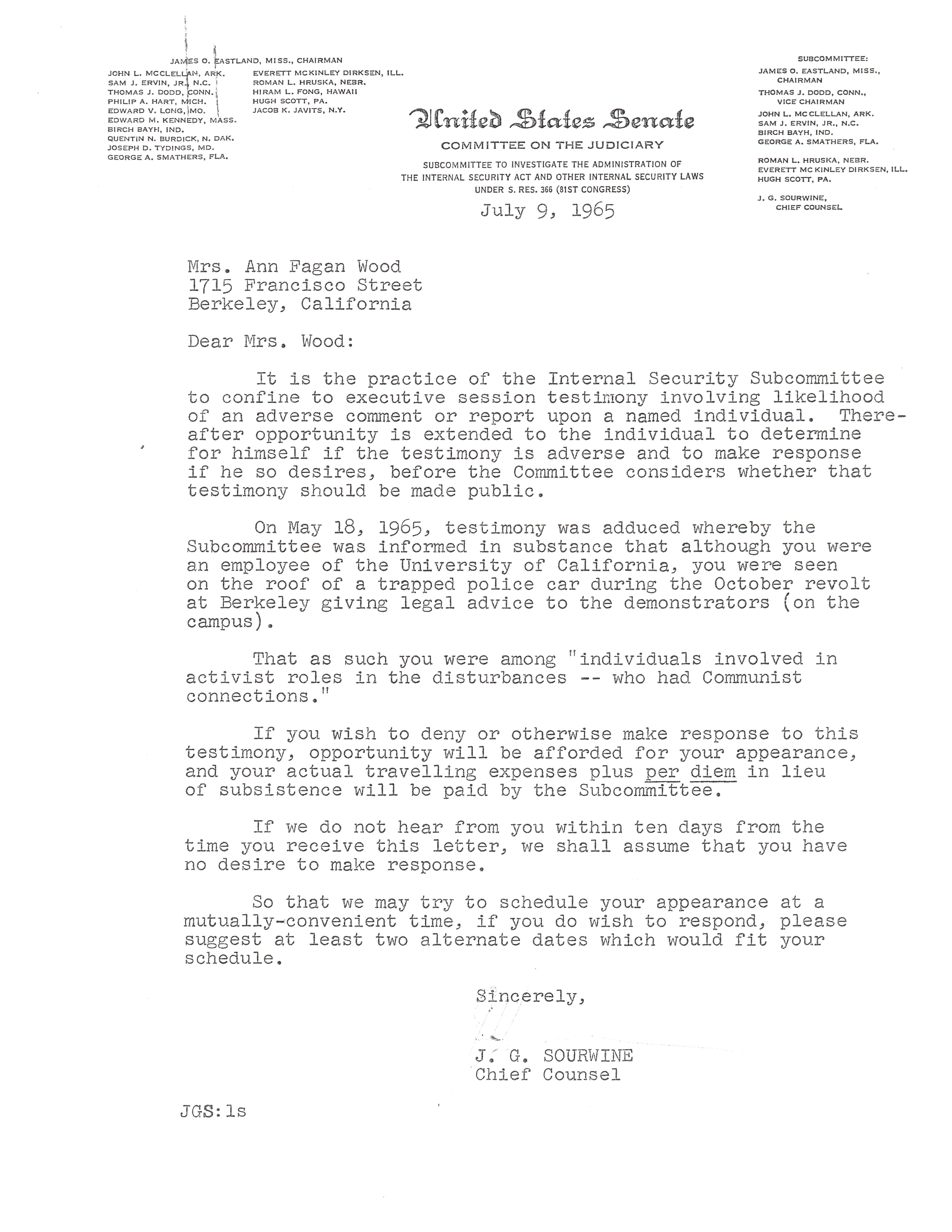 July 9, 1965 letter from J.G. Sourwine, Chief Council, Committee on the Judiciary, US Senate to Mrs. Ann Fagan Wood